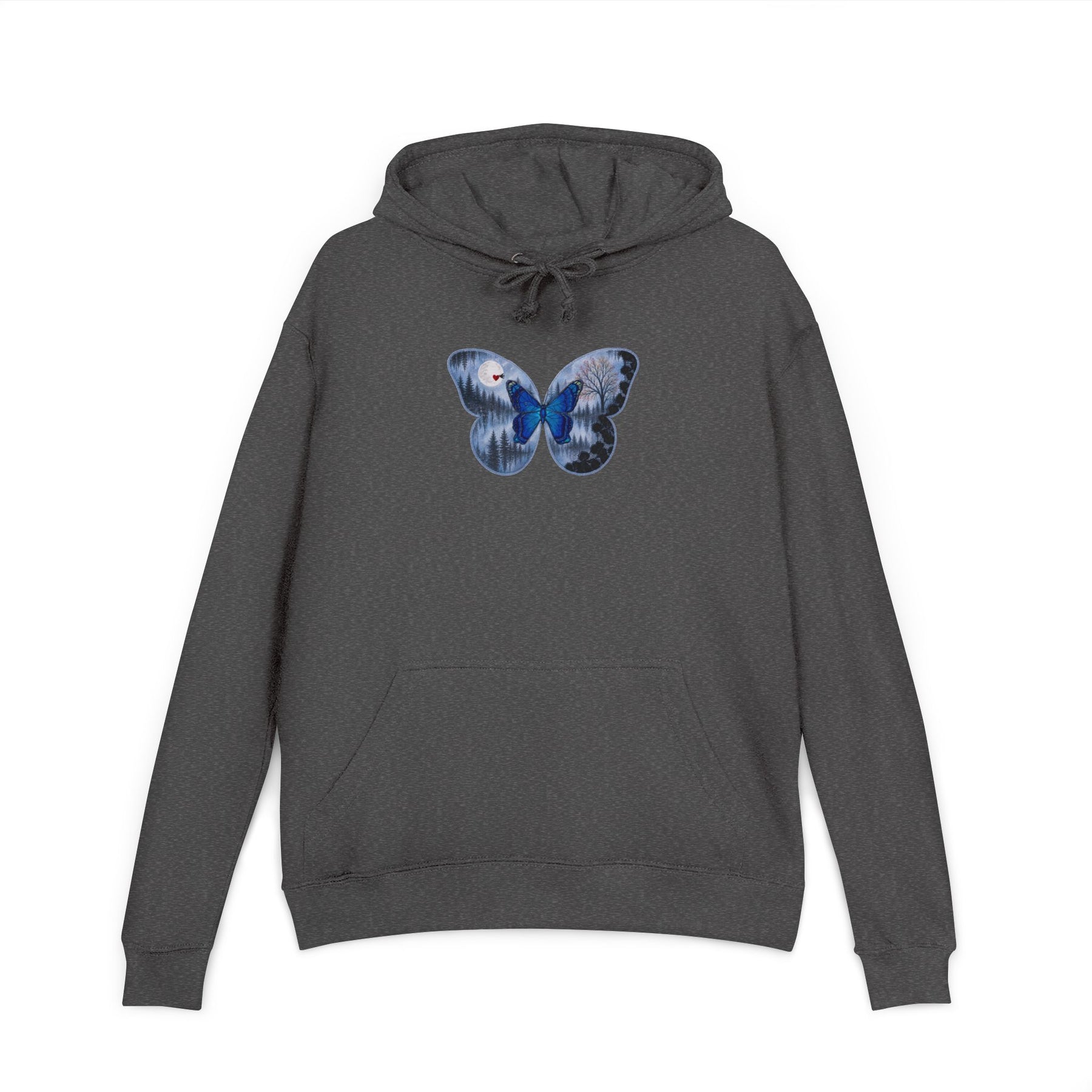 Gray hoodie with a blue butterfly design on a white background