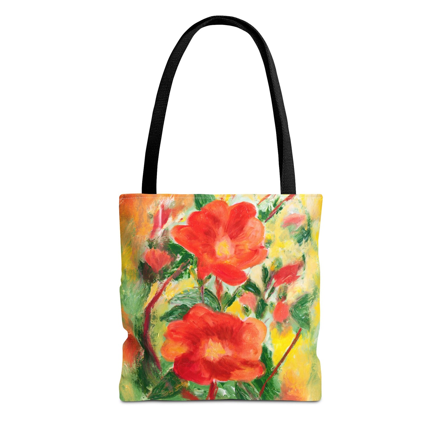 Tote bag featuring red summer roses on a yellow and green background