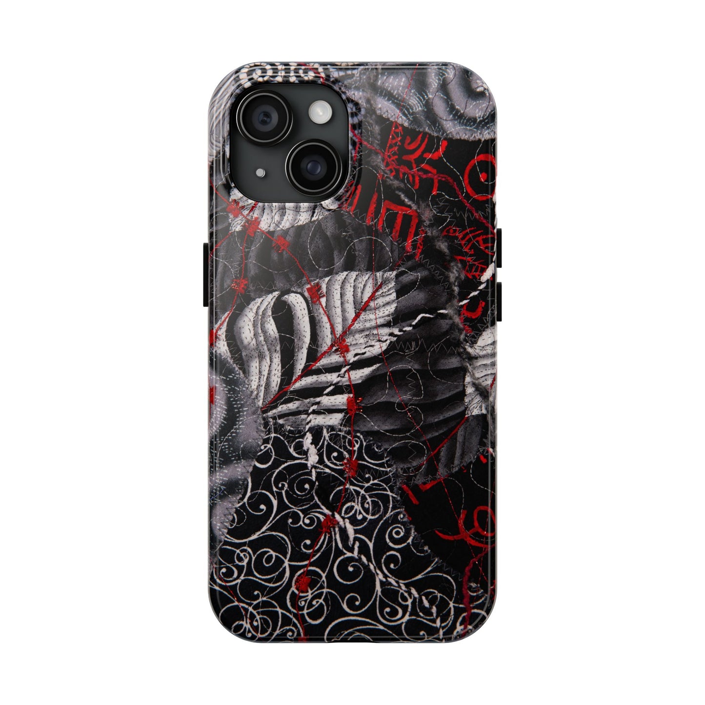 Phone case with black, red, and gray floral pattern on a white background