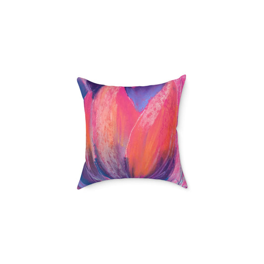 Colorful abstract pillow with oversize tulips in pink and magenta background