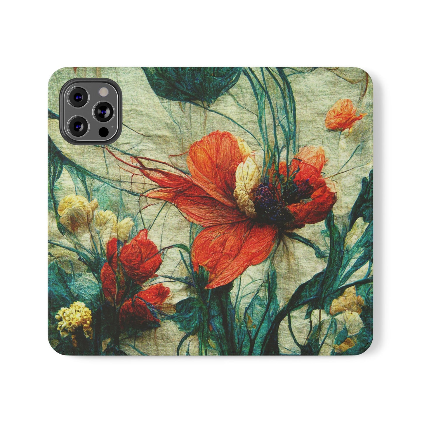 Red Flower Flip Wallet Phone Cases -- with card slots