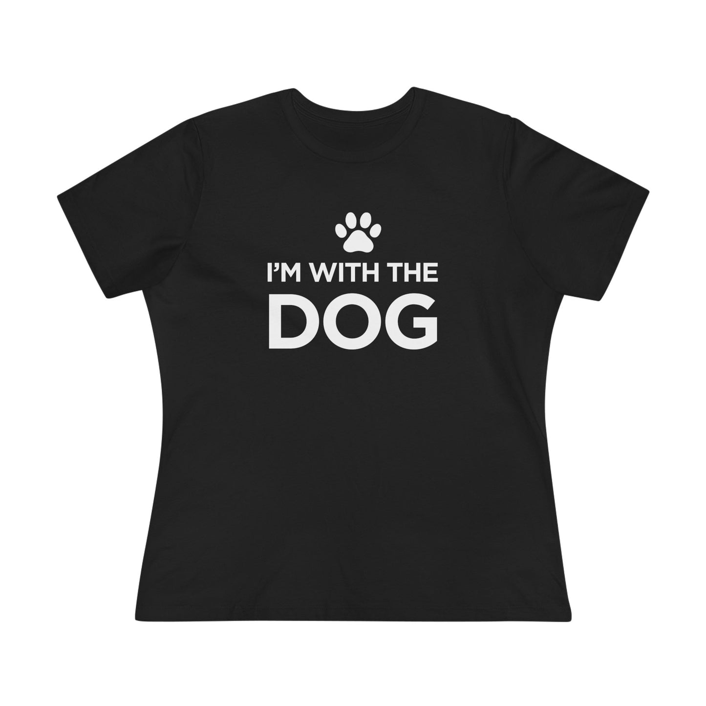 Black t-shirt with 'I'm with white text "I'm with the dog" 