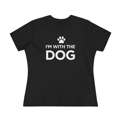 Black t-shirt with 'I'm with white text "I'm with the dog" 