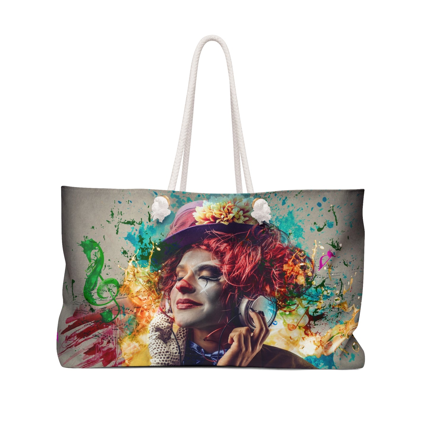 Tote bag with a colorful design of a person with red hair and flowers on a background of green musical notes