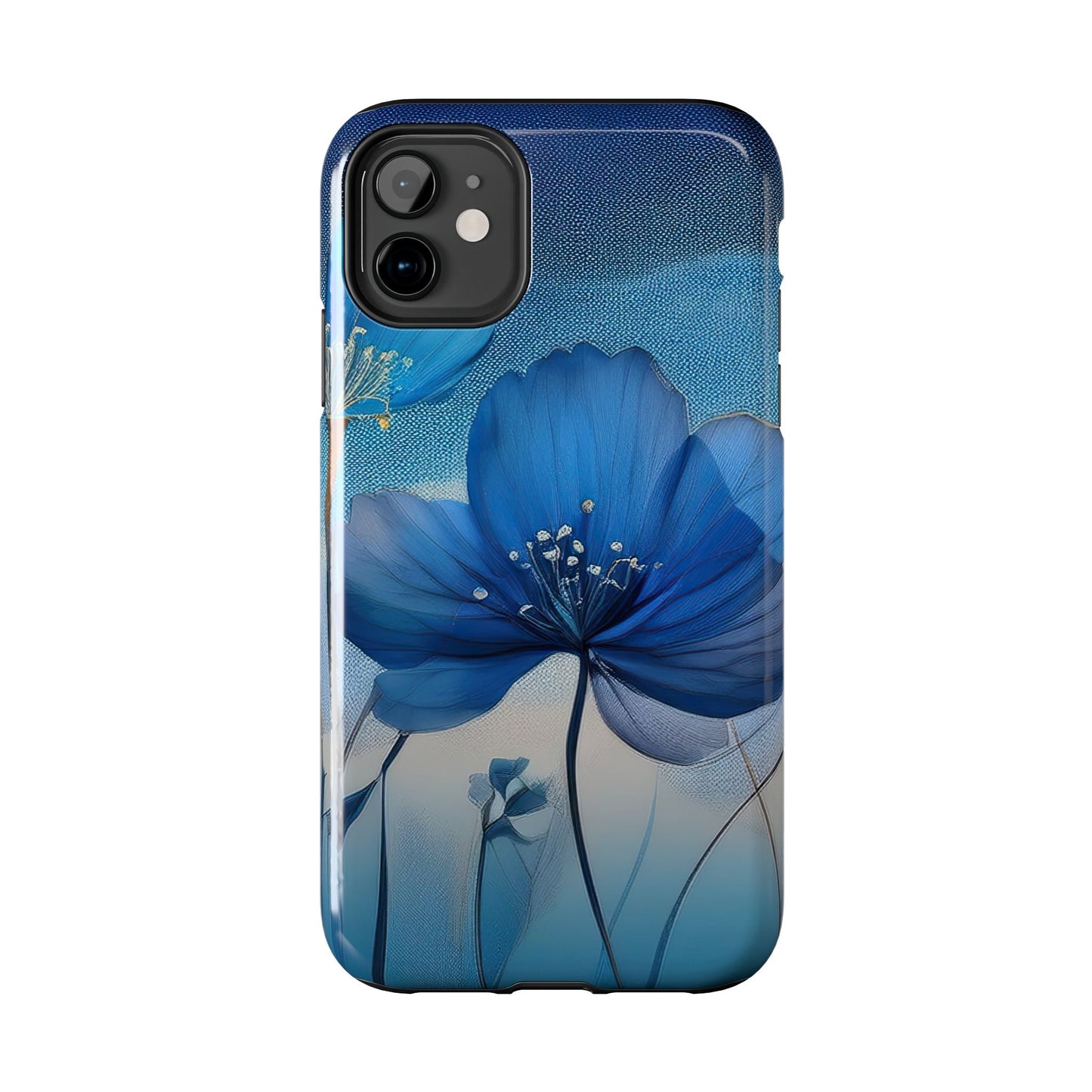 Phone case with a blue floral design on a gradient blue background