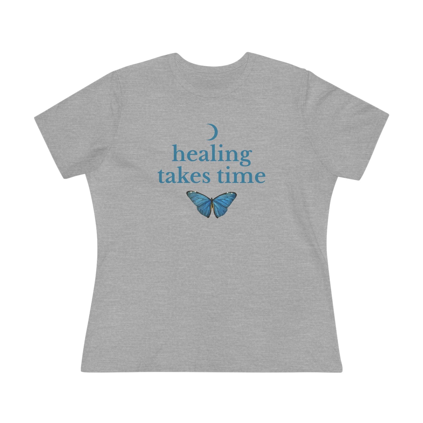 Gray t-shirt with 'healing takes time' blue text and butterfly graphic on a white background