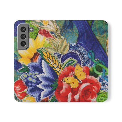 Flip wallet phone case with colorful floral design and yellow butterfly 