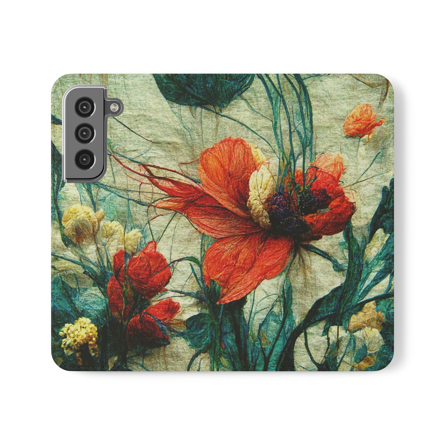 Red Flower Flip Wallet Phone Cases -- with card slots