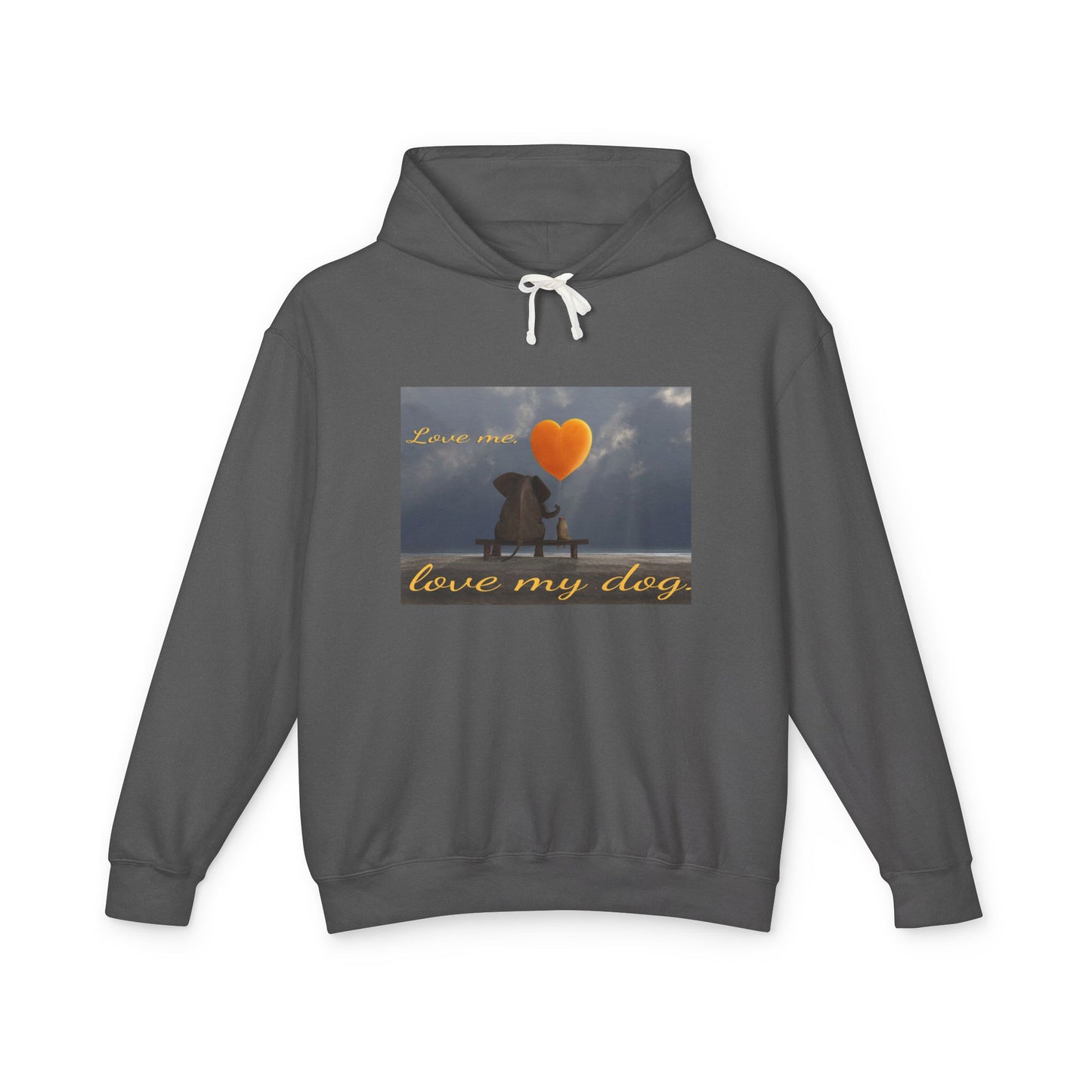 Gray hoodie with a graphic of a dog sitting next to an elephant holding a  heart balloon, and text 'Love me, love my dog' on a gradient gray background.