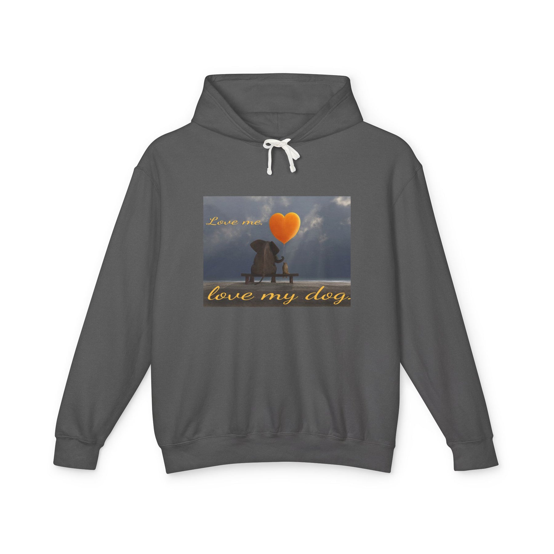 Gray hoodie with a graphic of a dog sitting next to an elephant holding a  heart balloon, and text 'Love me, love my dog' on a gradient gray background.