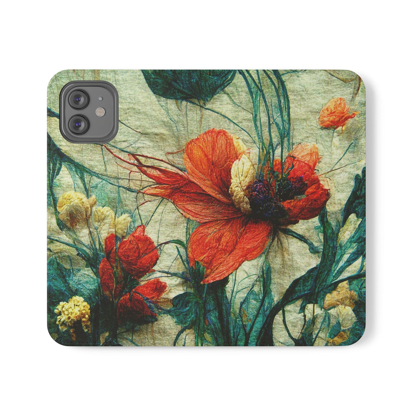 Red Flower Flip Wallet Phone Cases -- with card slots