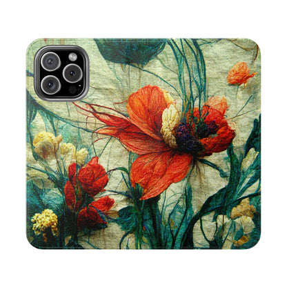 Red Flower Flip Wallet Phone Cases -- with card slots