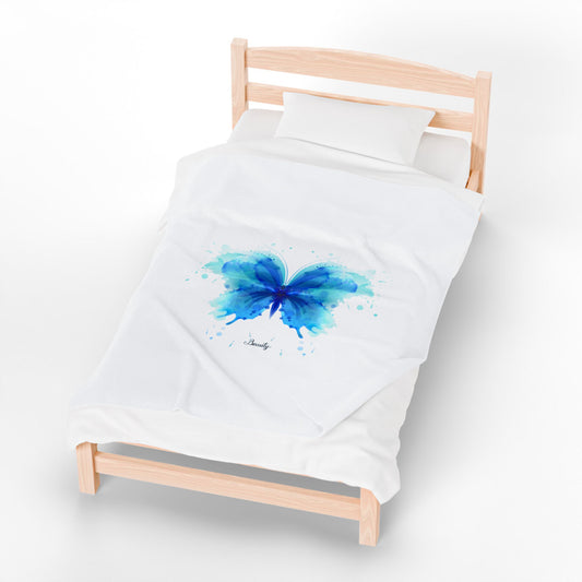 White duvet cover with blue butterfly design on a wooden bed frame.