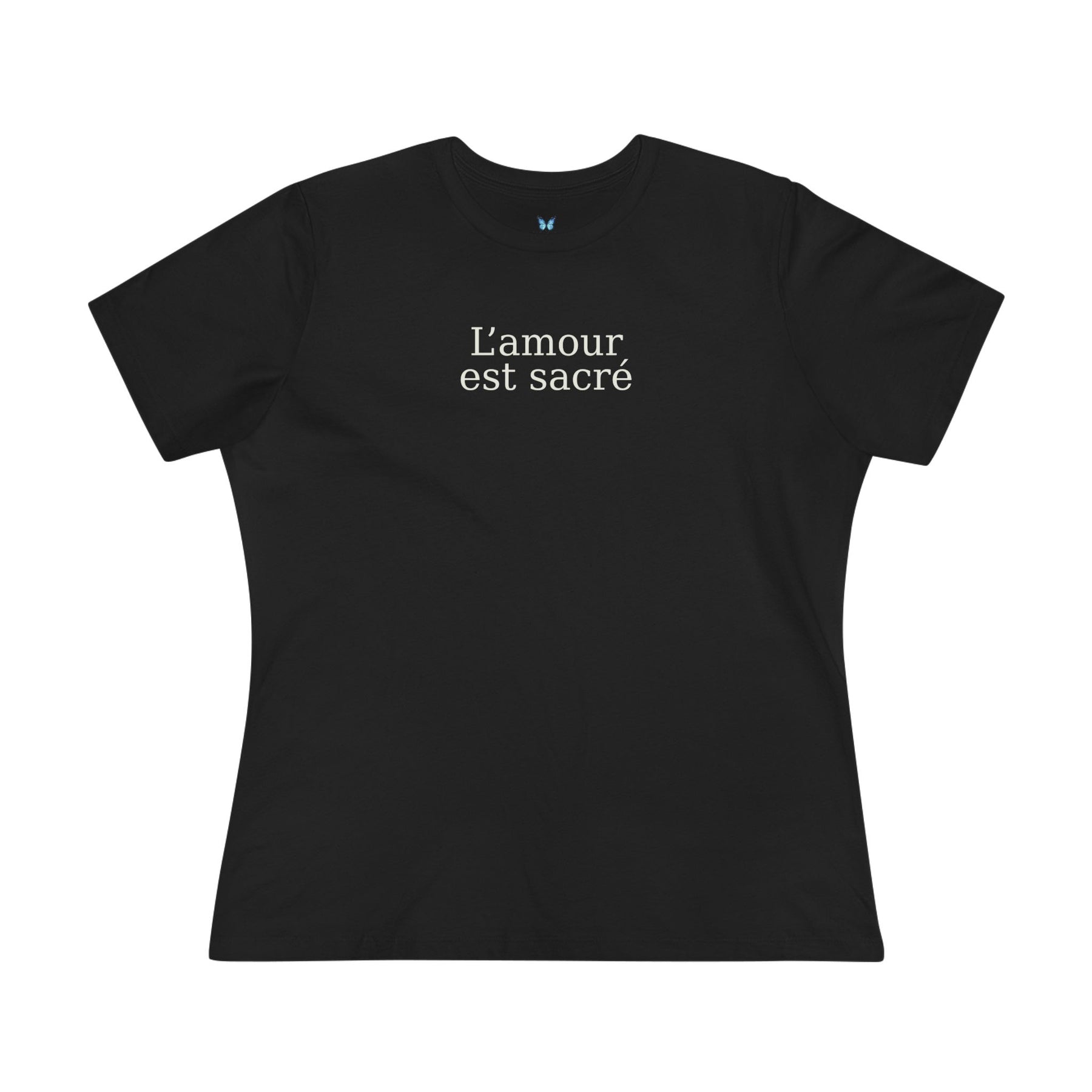 Black t-shirt with white text 'L'amour est sacré' 