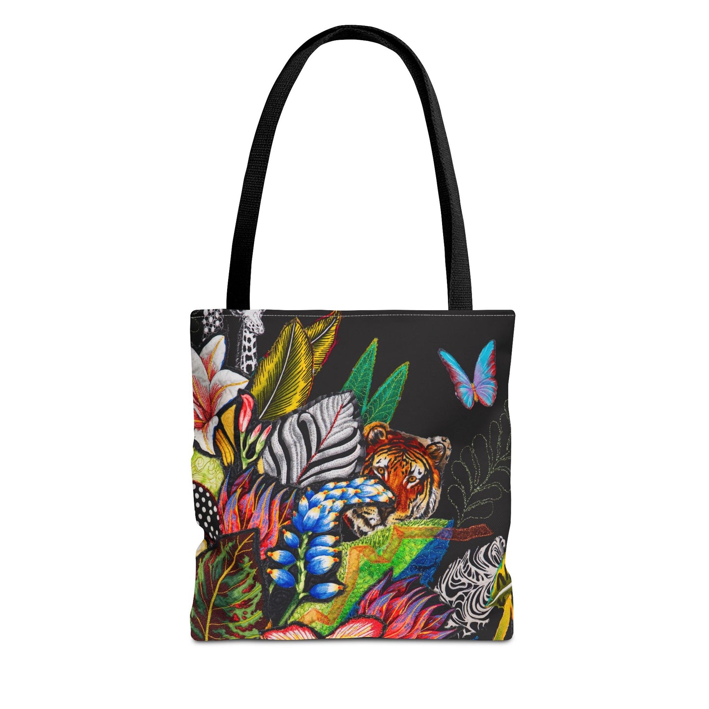 Tote bag with a colorful design of animals and jungle plants on a black background