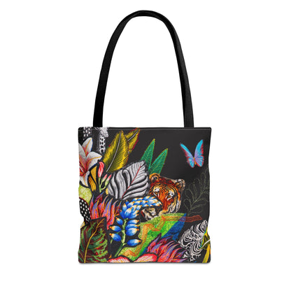Tote bag with a colorful design of animals and jungle plants on a black background