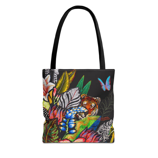 Tote bag with a colorful design of animals and jungle plants on a black background