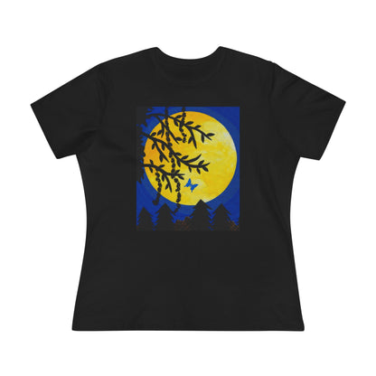 Black t-shirt with a nature-themed design featuring a full moon, trees, and a butterfly 