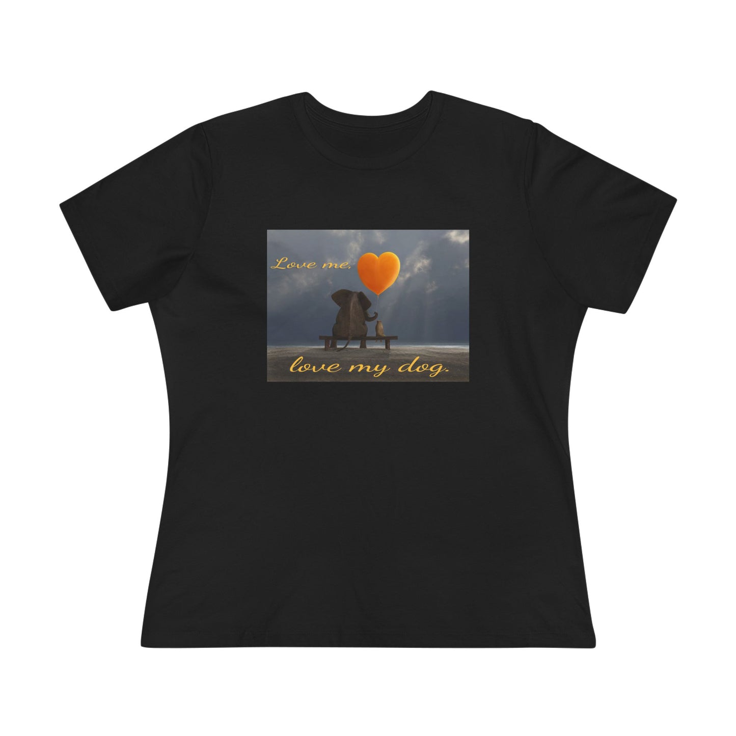 Black t-shirt with a graphic of a dog sitting next to an elephant holding a  heart balloon, and text 'Love me, love my dog' on a gradient gray background.