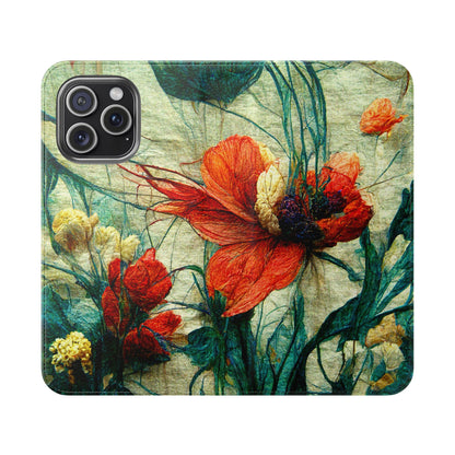 Red Flower Flip Wallet Phone Cases -- with card slots