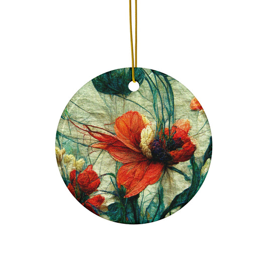 Round decorative ornament with red floral design and green stems on a light green background that looks like fabric