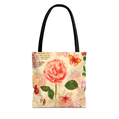 Tote bag with floral design featuring roses and butterflies 