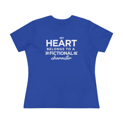 Blue t-shirt with white text 'My heart belongs to a fictional character' 
