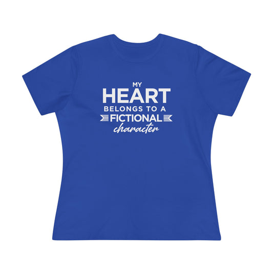 Blue t-shirt with white text 'My heart belongs to a fictional character' 
