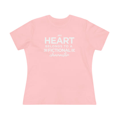 Pink t-shirt with white text 'My heart belongs to a fictional character' 
