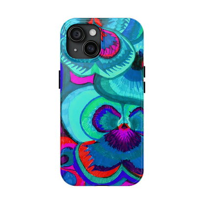 Colorful phone casein with blues, greens, reds, purples in an abstract design 