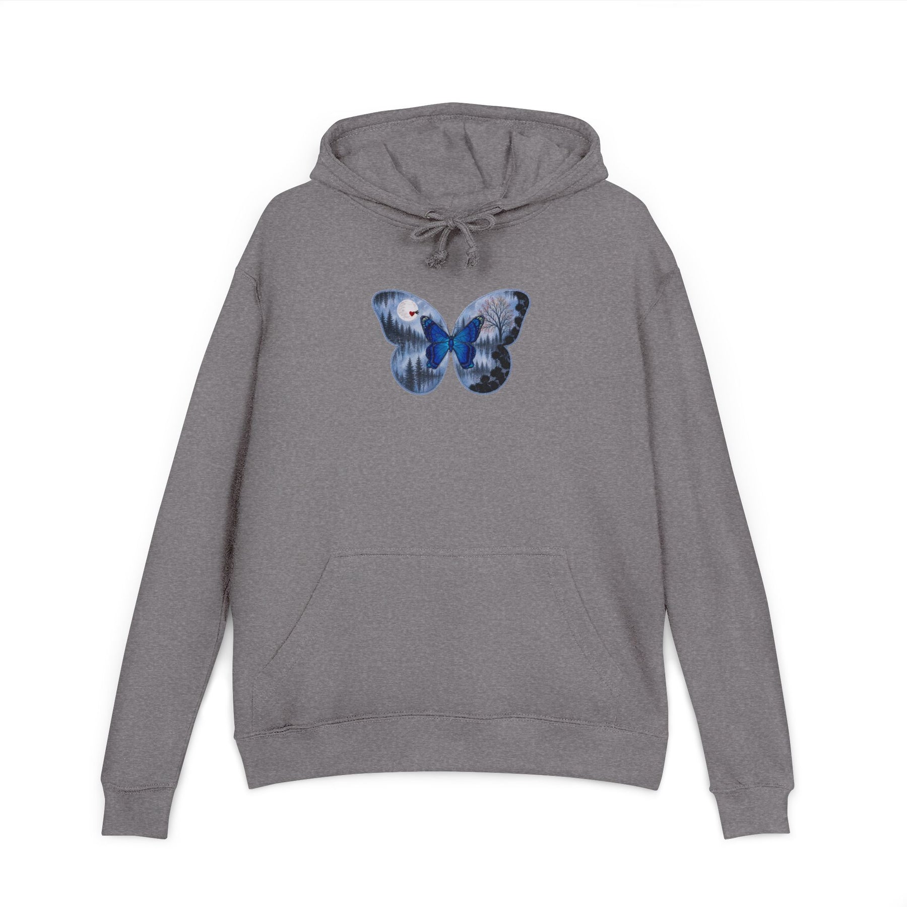 Gray hoodie with a blue butterfly design on a white background