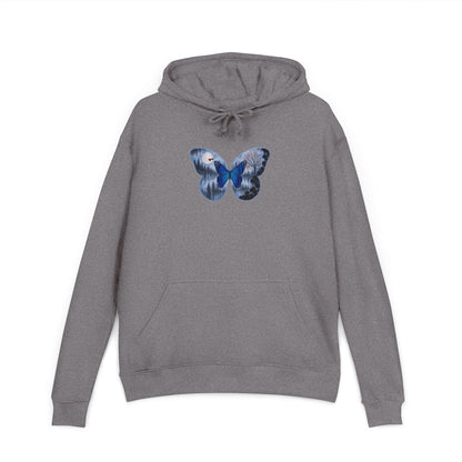 Gray hoodie with a blue butterfly design on a white background