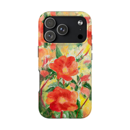 Phone case with two summer roses on a yellow background and green leaves 