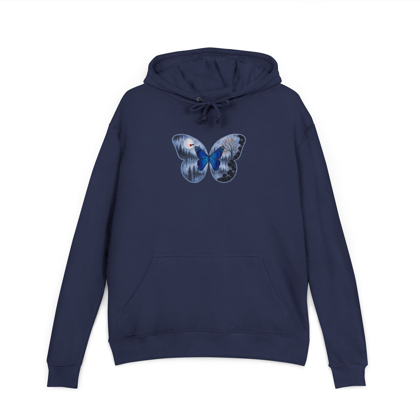 Navy blue hoodie with a butterfly design on a white background