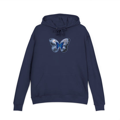 Navy blue hoodie with a butterfly design on a white background