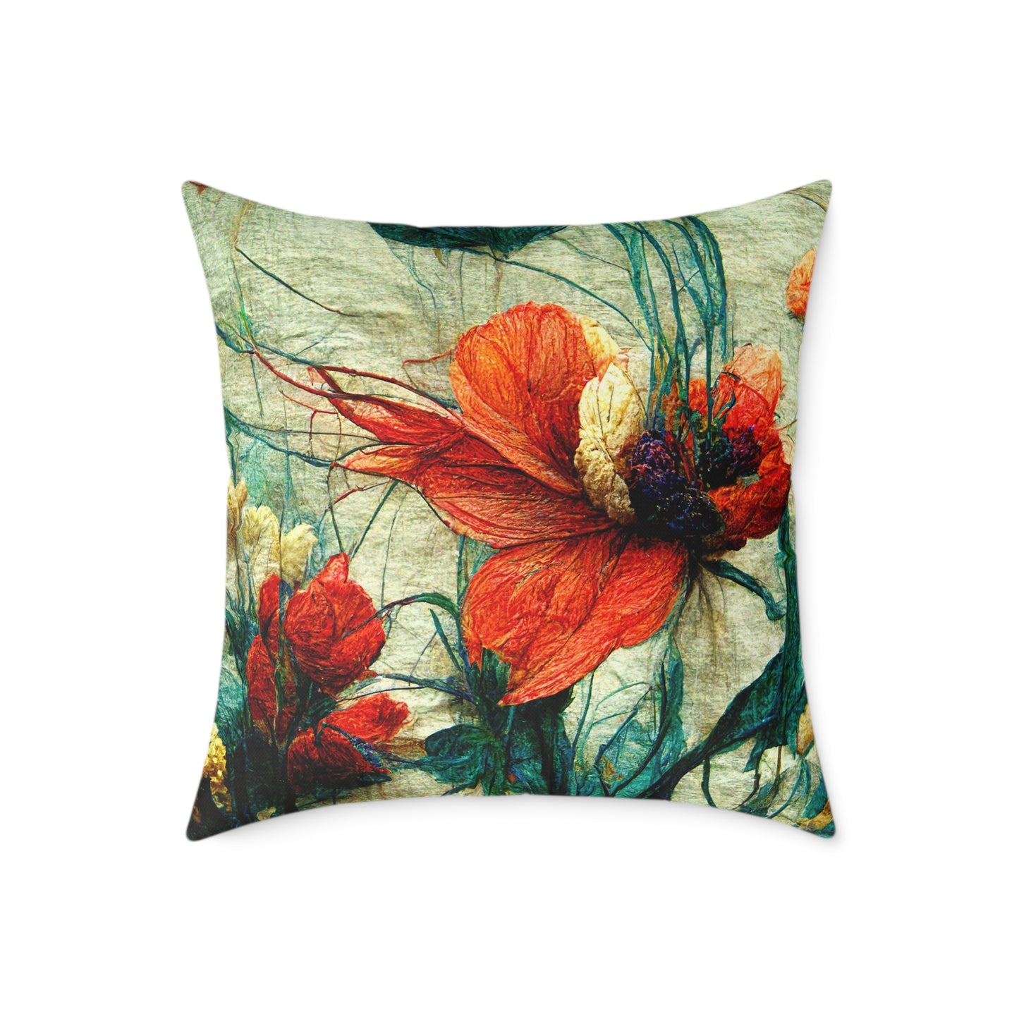 Red Flower Square Poly Canvas Pillow
