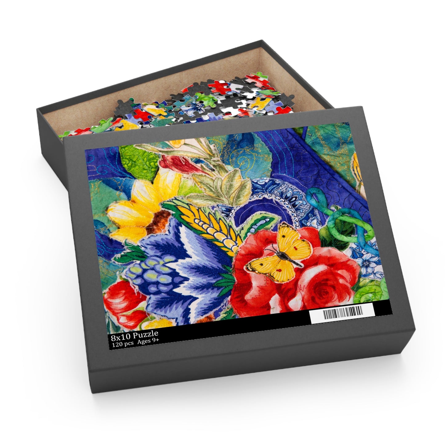 Jigsaw puzzle box with colorful floral design 