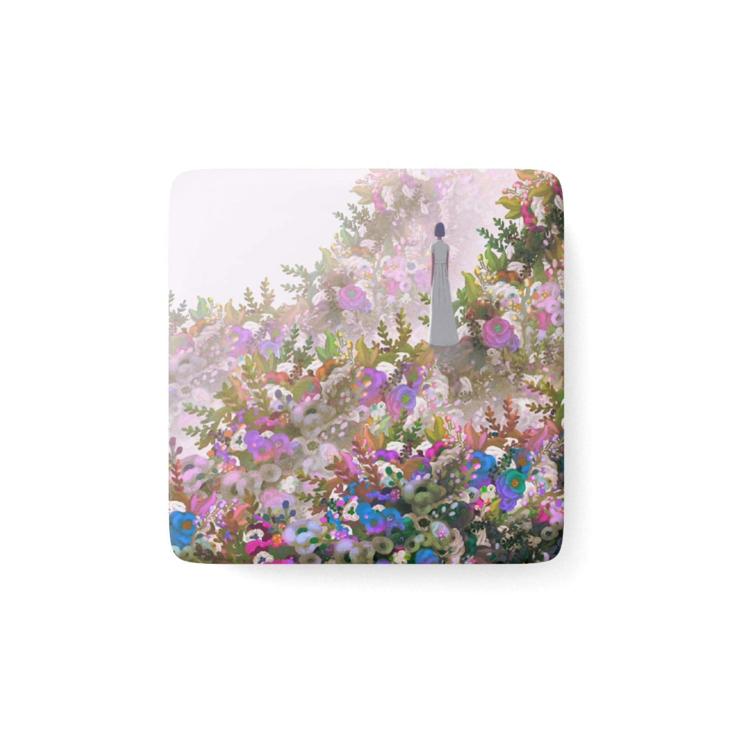 Square magnet with a woman standing in a serene field  of flowers on a hill that are pink, magenta, white and green