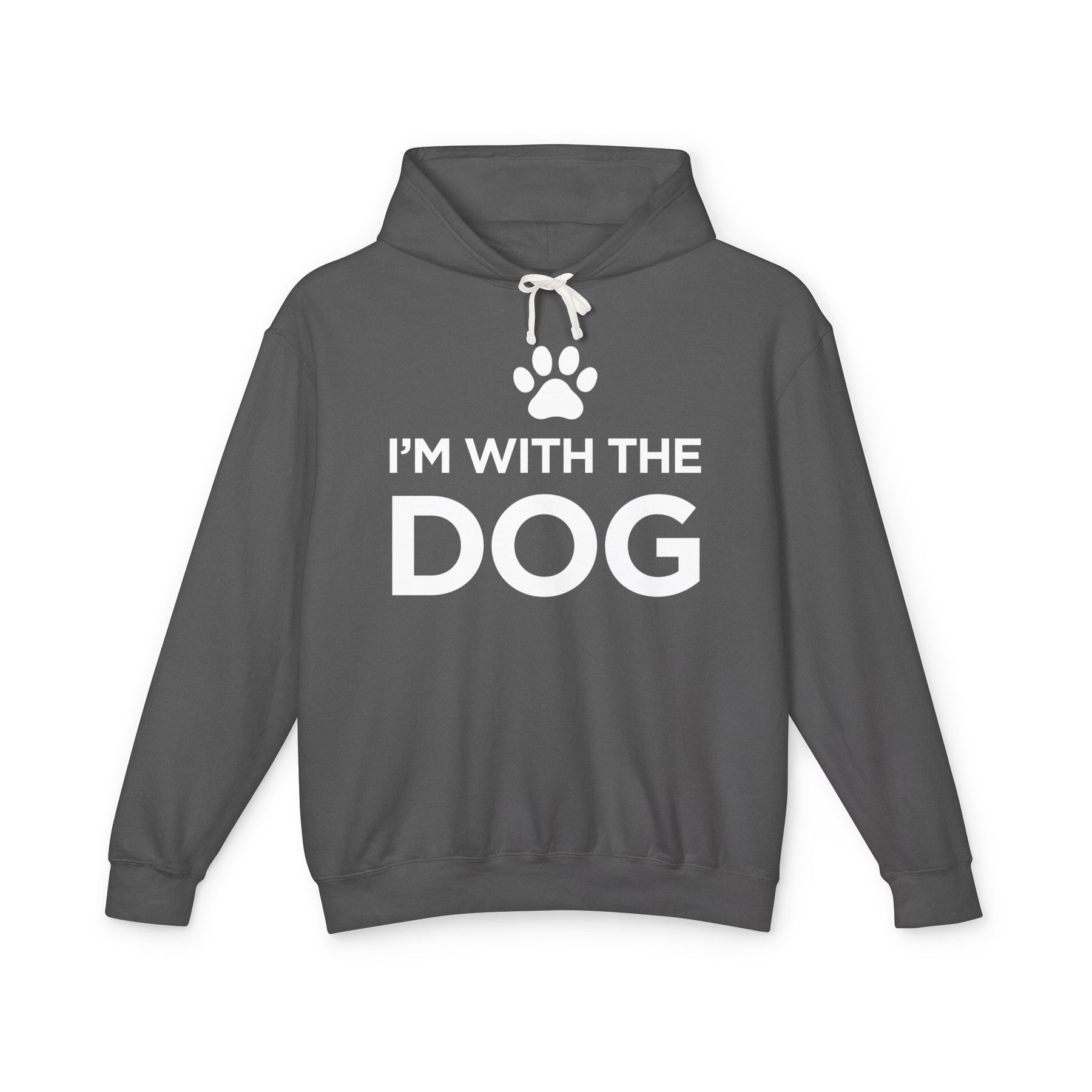 Dark gray hoodie with 'I'm with the dog' text and paw print 