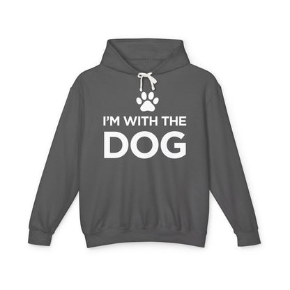 Dark gray hoodie with 'I'm with the dog' text and paw print 