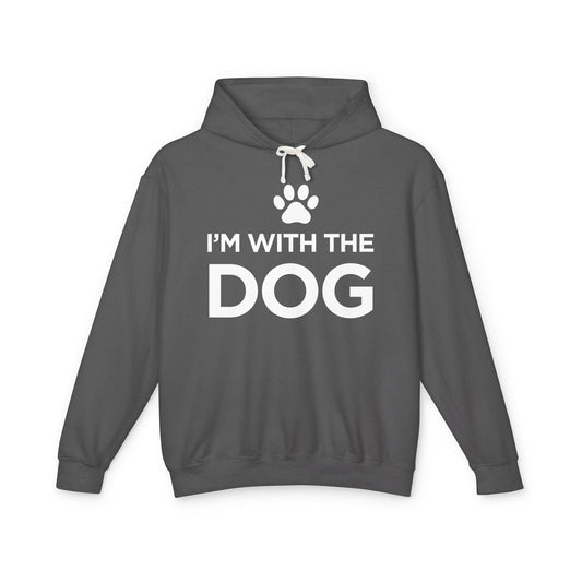 Dark gray hoodie with 'I'm with the dog' text and paw print 