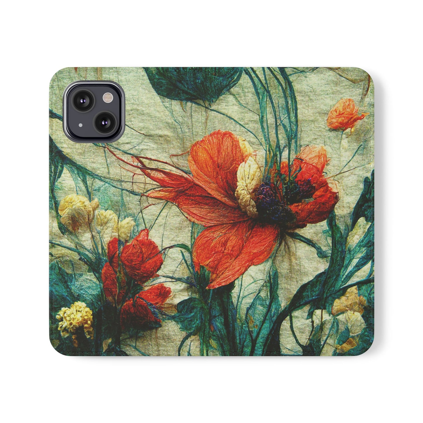 Red Flower Flip Wallet Phone Cases -- with card slots