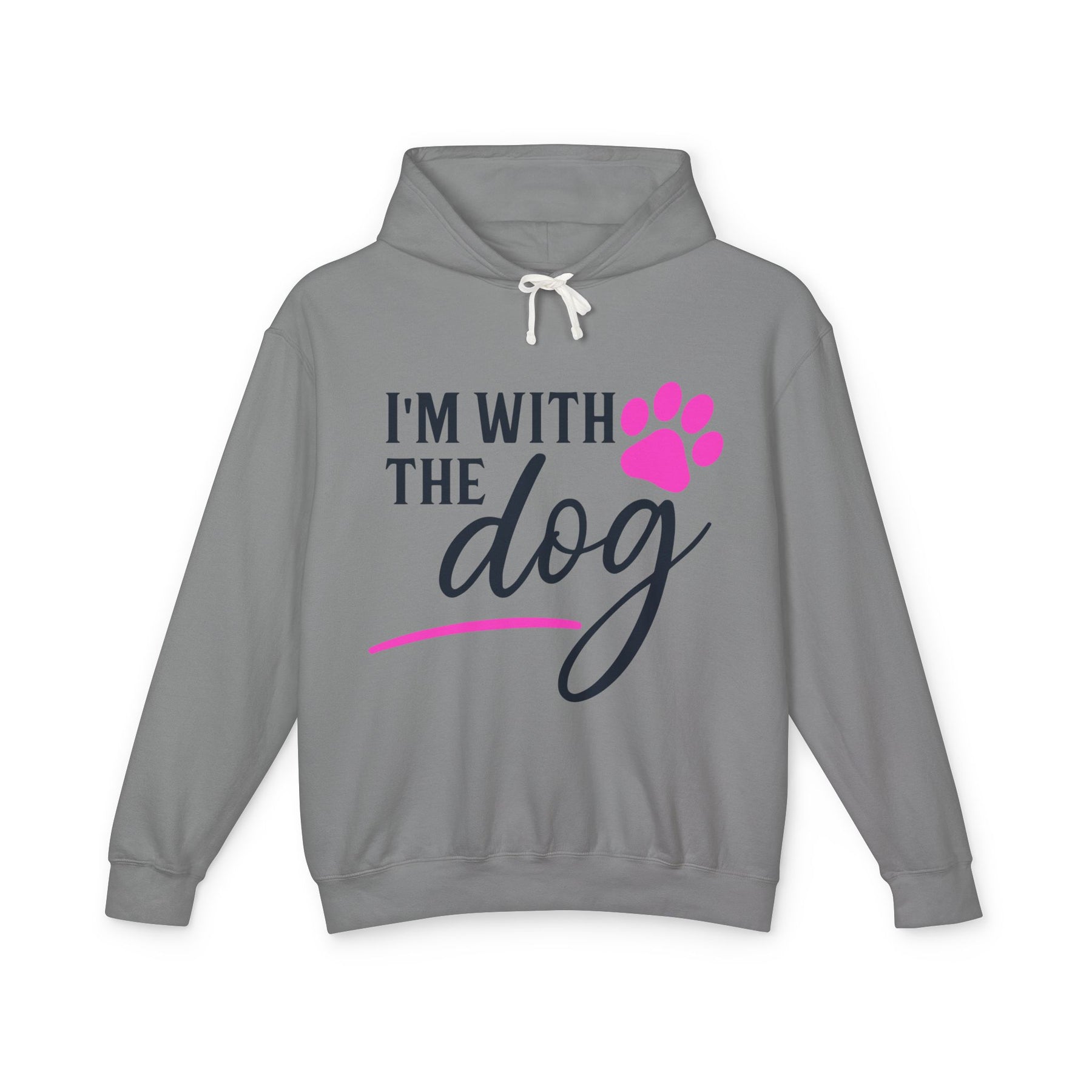 Gray hoodie with 'I'm with the dog' text and pink paw print 
