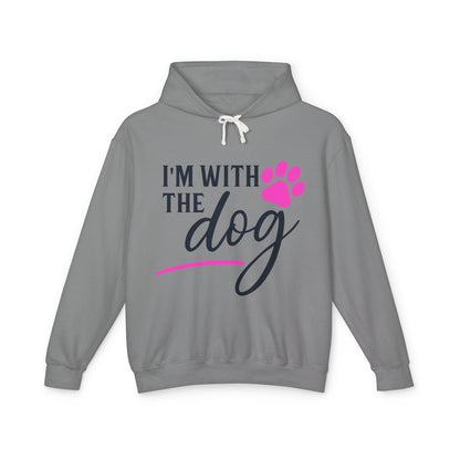 Gray hoodie with 'I'm with the dog' text and pink paw print 