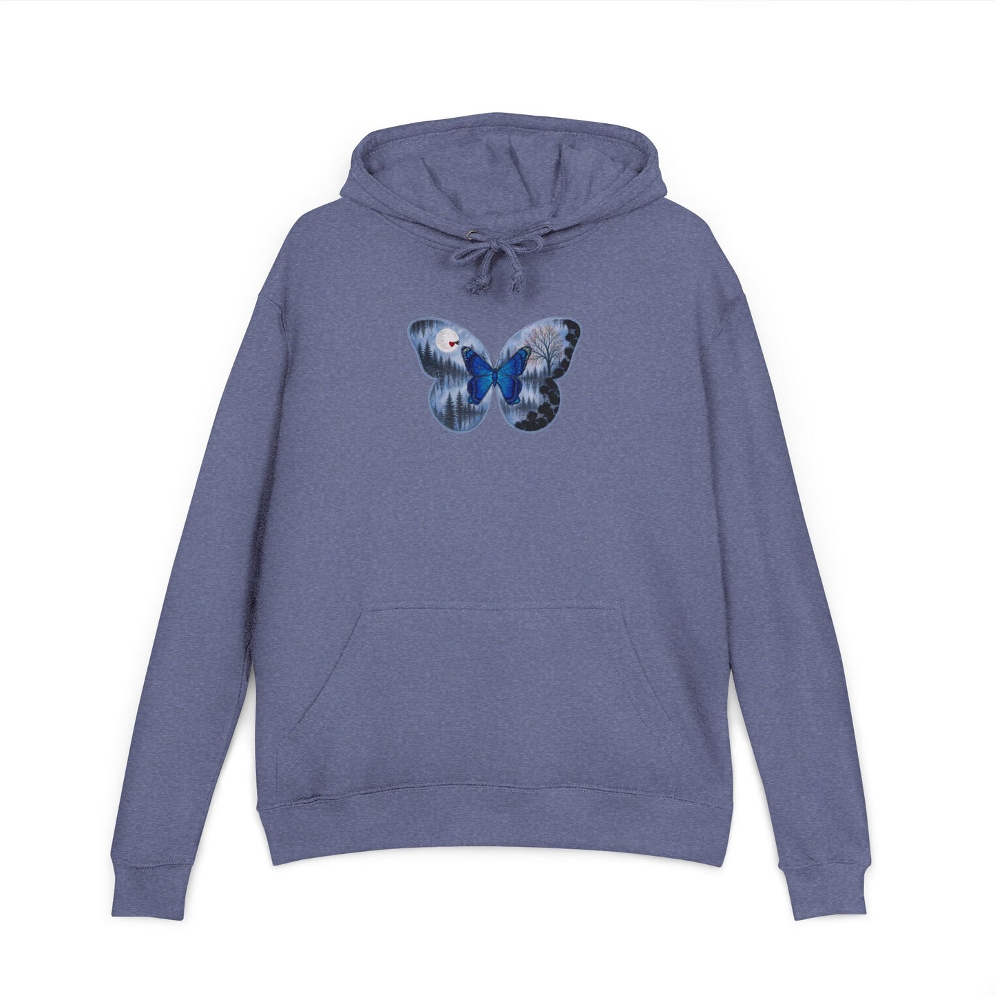 Blue hoodie with a butterfly design on a white background