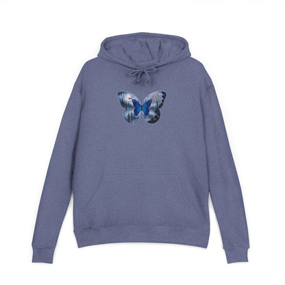Blue hoodie with a butterfly design on a white background