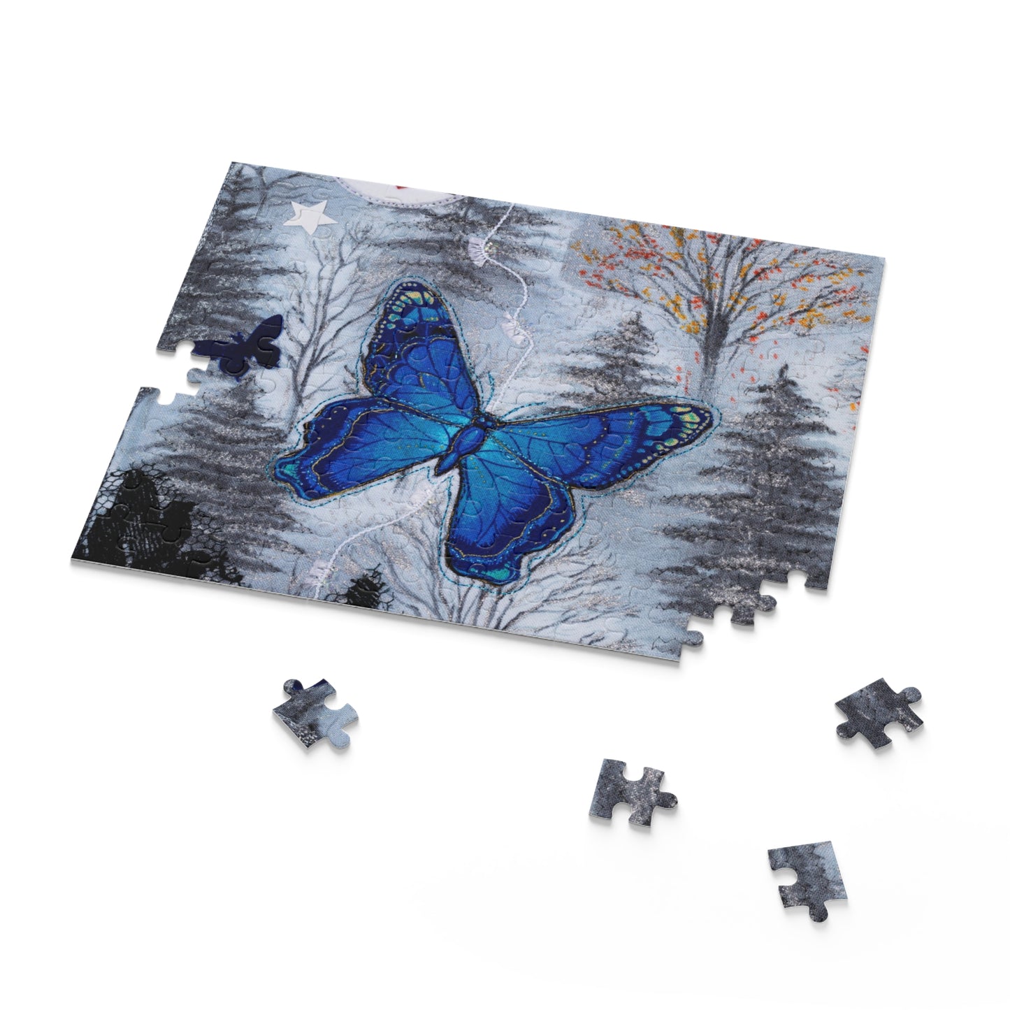 Blue Butterfly Jigsaw Puzzle — Scenic Forest Art