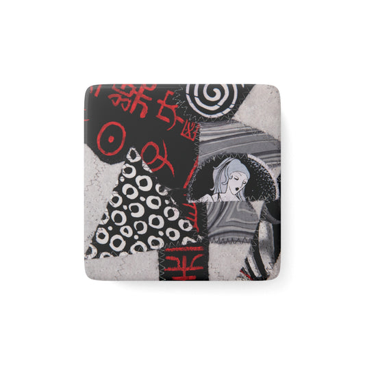 Square magnet with artistic design featuring patterns and a woman in a window on a gradient background of gray colors