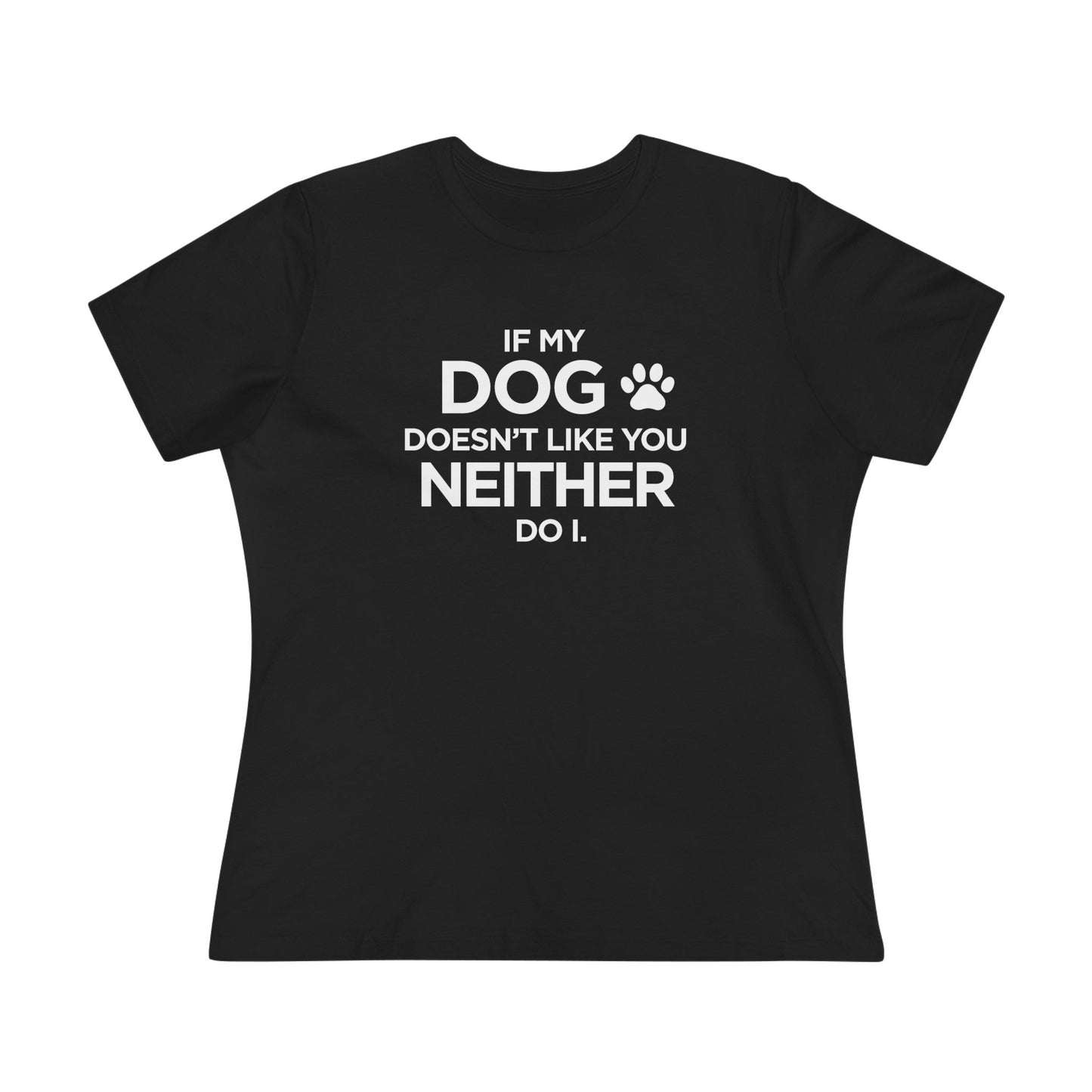 Black t-shirt with white text and paw print 