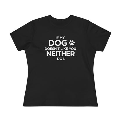 Black t-shirt with white text and paw print 